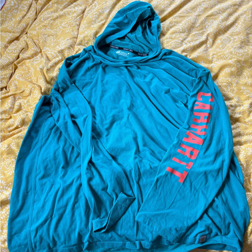 Carhartt Teal Tshirt Hoodie with Orange Logo